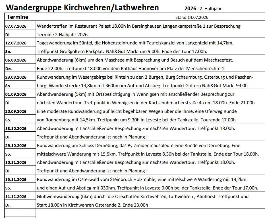 Wandertermine 2. Hj. 26