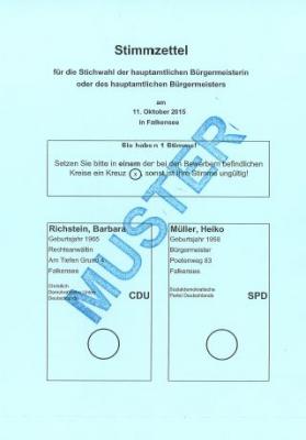 Musterstimmzettel für die Stichwahl am 11. Oktober 2015