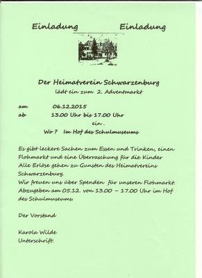 Der Heimatverein Schwarzenburg lädt zum 2. Adventmarkt ein (Bild vergrößern)