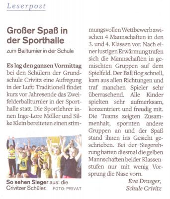 Zweifelderballturnier in der Grundschule "Fritz Reuter" Crivitz