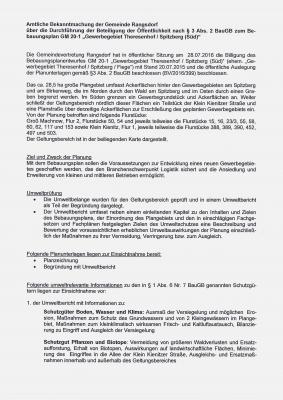 © Foto: Gemeinde Rangsdorf - 1. Seite der Amtlichen Bekanntmachung der Beteiligung der Öffentlichkeit zum Bebauungsplan GM 20-1 „Gewerbegebiet Theresenhof / Spitzberg (Süd)“ (Bild vergrößern)