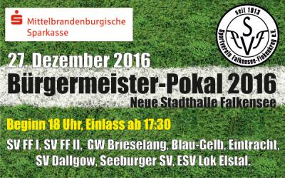 Am Dienstag, 27. Dezember findet das traditionelle Fußball-Hallenturnier um den Bürgermeisterpokal erstmalig in der neuen Stadthalle Falkensee in der Scharenbergstraße 15 statt.