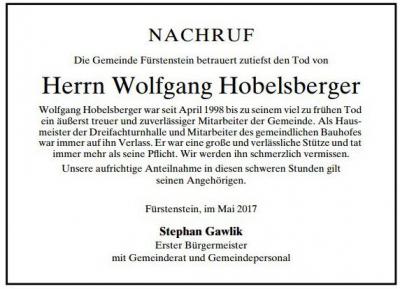 Nachruf für Mitarbeiter Wolfgang Hobelsberger