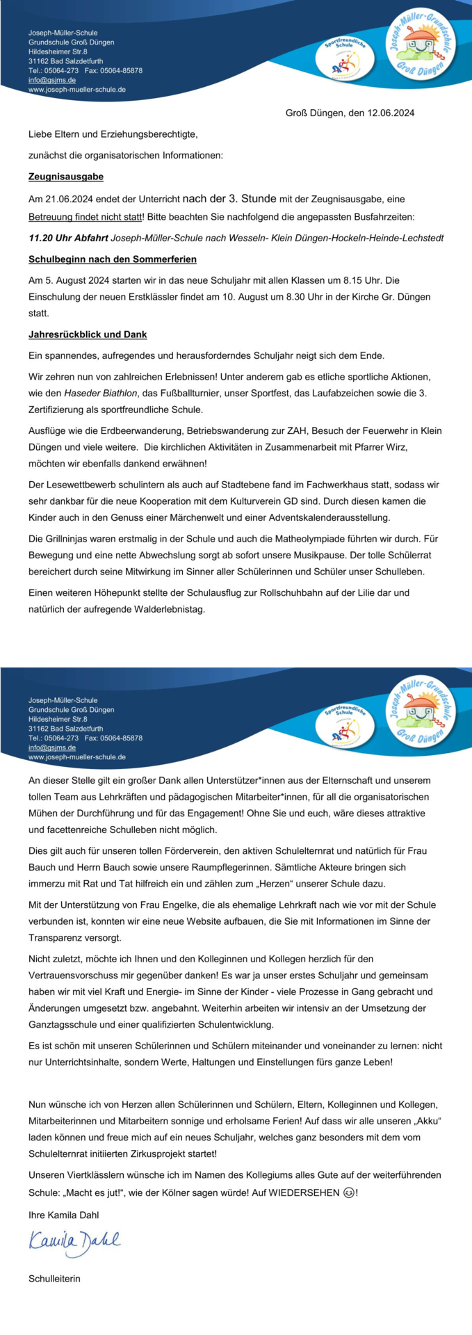 Schuljahresabschlussbrief