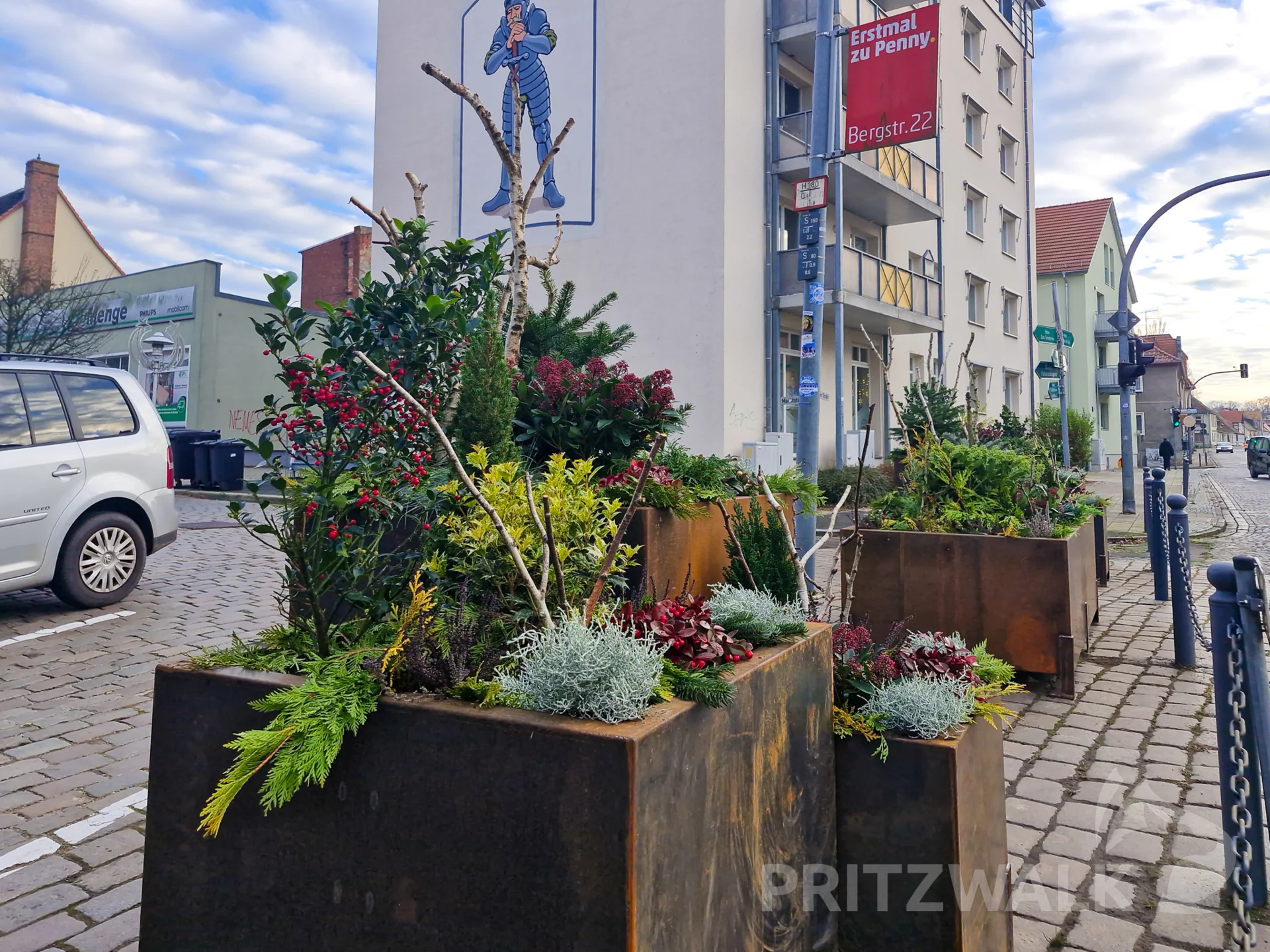 Winterlich-weihnachtlich bepflanzt sind die neuen Blumenkübel in der Pritzwalker Marktstraße. Foto: Stadt Pritzwalk