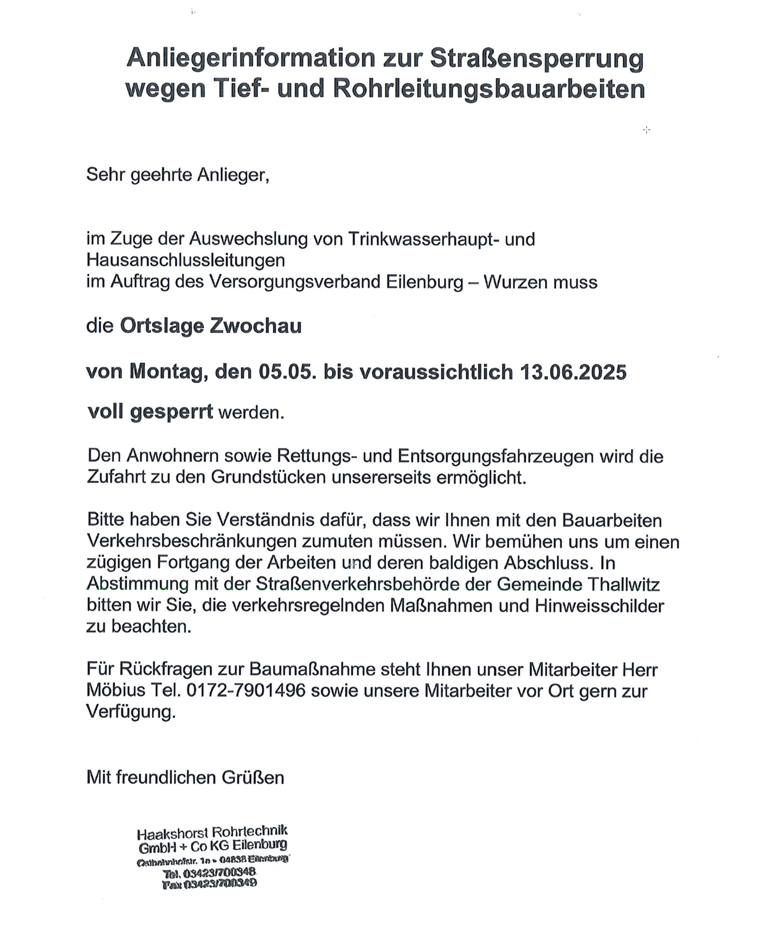 Anliegerinfo Straßensperrung Zwochau