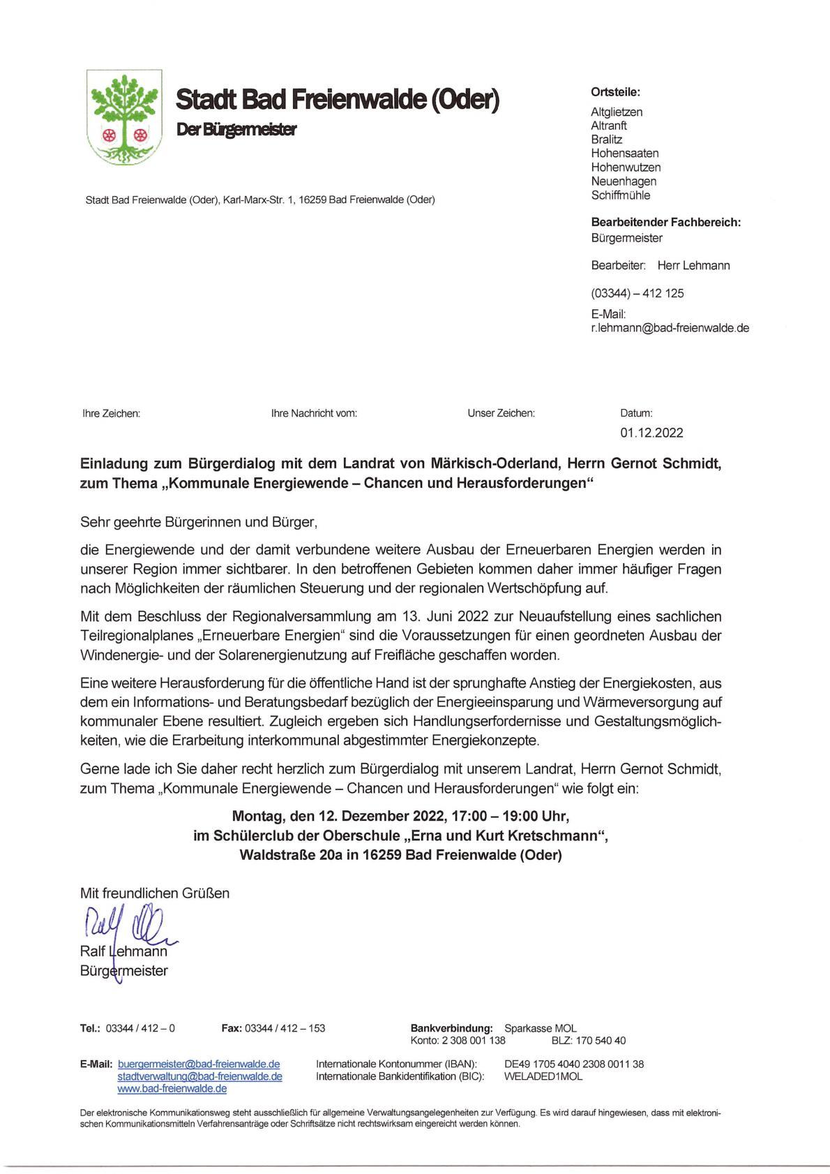 Einladung zum Bürgerdialog "Kommunale Energiewende"  am 12.12.2022