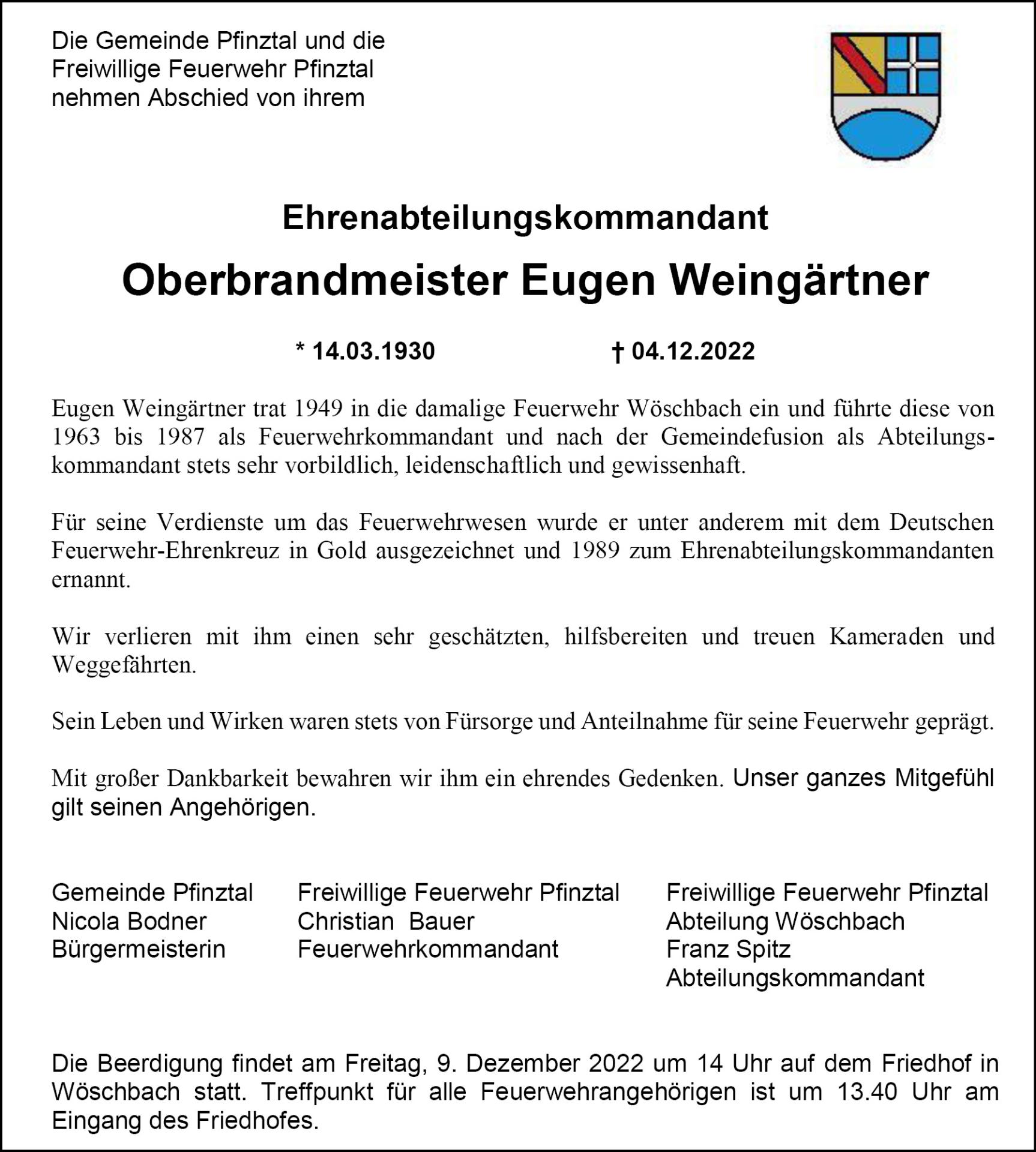 Nachruf Eugen Weingärtner