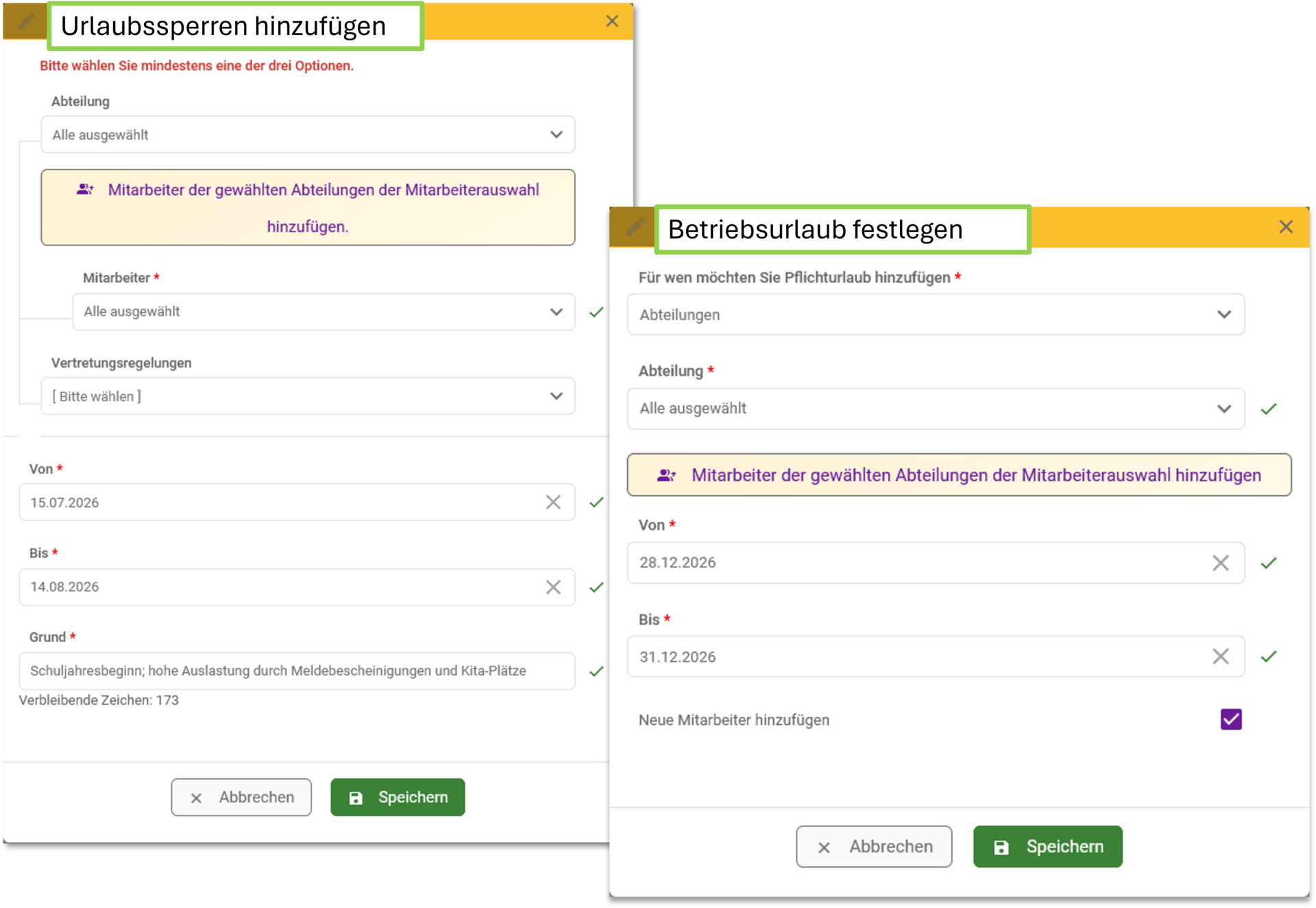 Urlaubssperre + Betriebsurlaub 2026