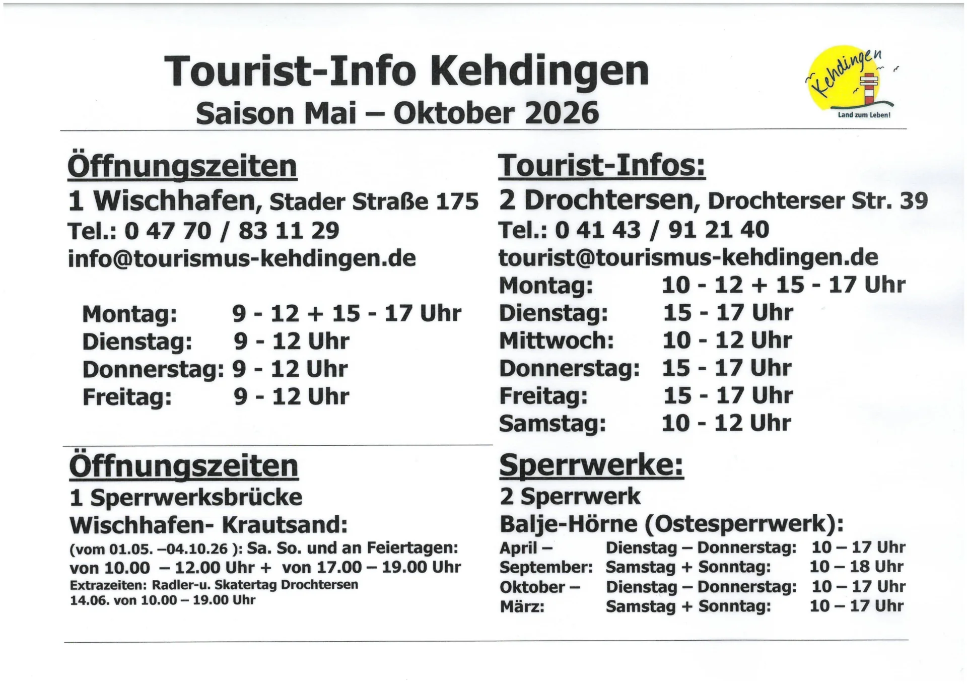 Öffnungszeiten Touri und Sperrzeiten Brücke