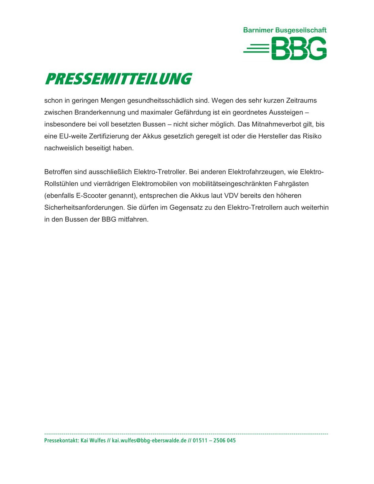 Ab 1. Februar keine Mitnahme von Elektro-Tretrollern in den Fahrzeugen der Barnimer Busgesellschaft