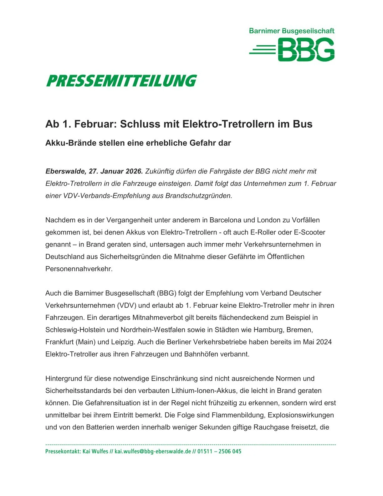 Ab 1. Februar keine Mitnahme von Elektro-Tretrollern in den Fahrzeugen der Barnimer Busgesellschaft
