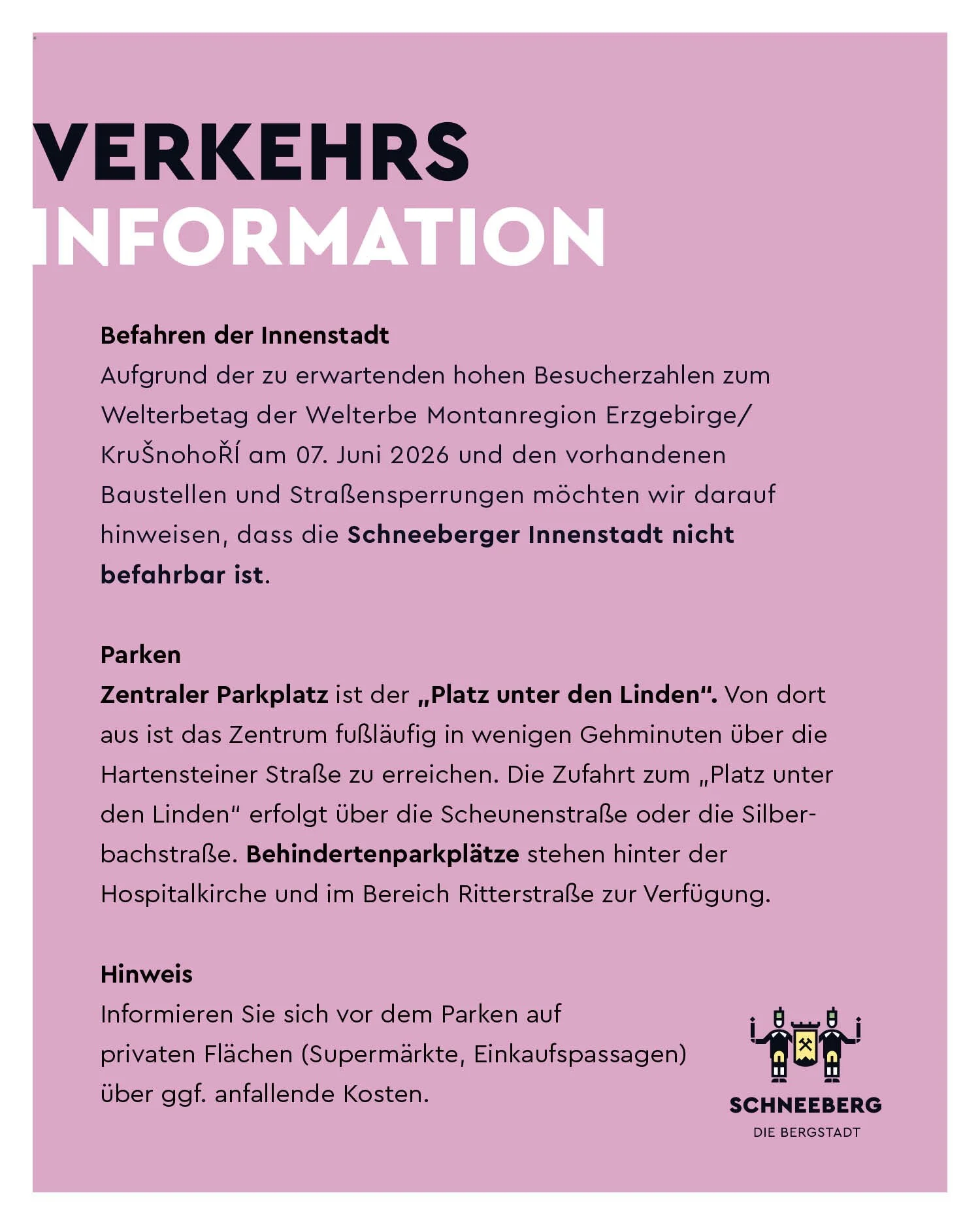 Verkehrsinformation UNESCO-Welterbetag in Schneeberg