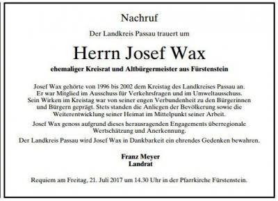 Josef Wax - Nachruf des Landkreises
