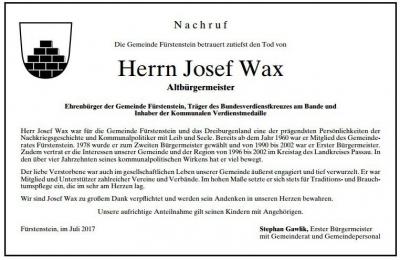 Josef Wax - Nachruf der Gemeinde