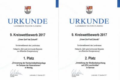 Urkunde 1. und 2 Platz 9. Kreiswettbewerb 2017