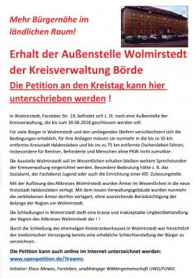 Petition für den Erhalt der Außenstelle Wolmirstedt der Kreisverwaltung Börde