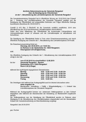 © 1. Seite der Amtslichen Bekanntmachung über die Beteiligung der Öffentlichkeit an der 1. Aktualisierung des Lärmaktionsplanes der Gemeinde Rangsdorf (Bild vergrößern)