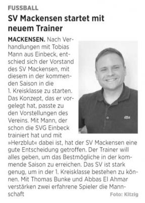 Meldung: Neuer Trainer: Tobias Mann übernimmt die 1. Mannschaft des SV Mackensen