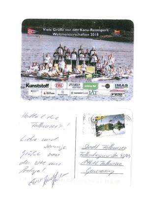 Eine Postkarte des mehrfachen Olympiasiegers im Kanu-Rennsport, Ronald Rauhe, erreichte heute die Stadtverwaltung Falkensee. Darauf sendet der Falkenseer Spitzensportler Grüße an alle Falkenseer.