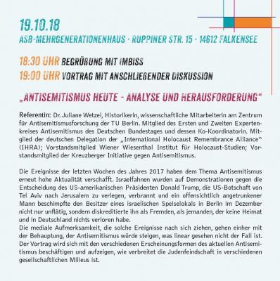 Partnerschaft für Demokratie Falkensee lädt zum Vortrag mit anschließender Diskussion: „Antisemitismus heute - Analyse und Herausforderung“