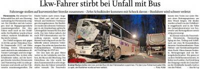 Lkw-Fahrer stirbt bei Unfall mit Bus
