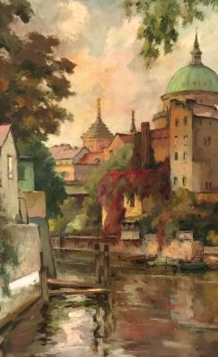 Hans Zank: "Potsdam" - Alte Fahrt mit Kuppel der Nicolaikirche und Turm des Alten Rathauses; Öl auf Leinwand, undatiert