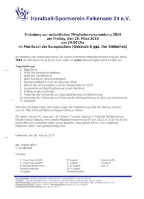 Einladung zur ordentlichen Mitgliederversammlung 2019 des HSV Falkensee 04 am 29.03.2019