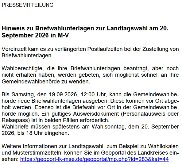 Pressemitteilung des Landkreises MSE