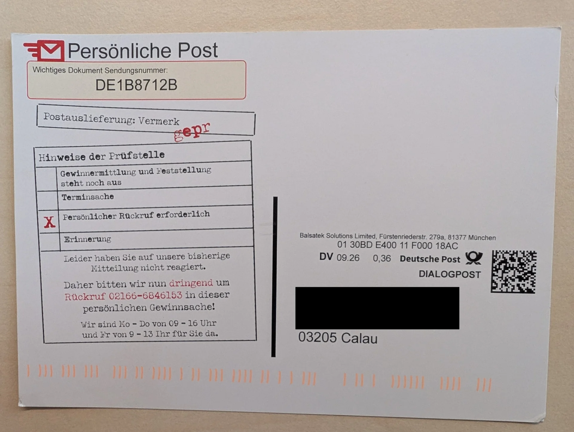 Rückseite der Postkarte.