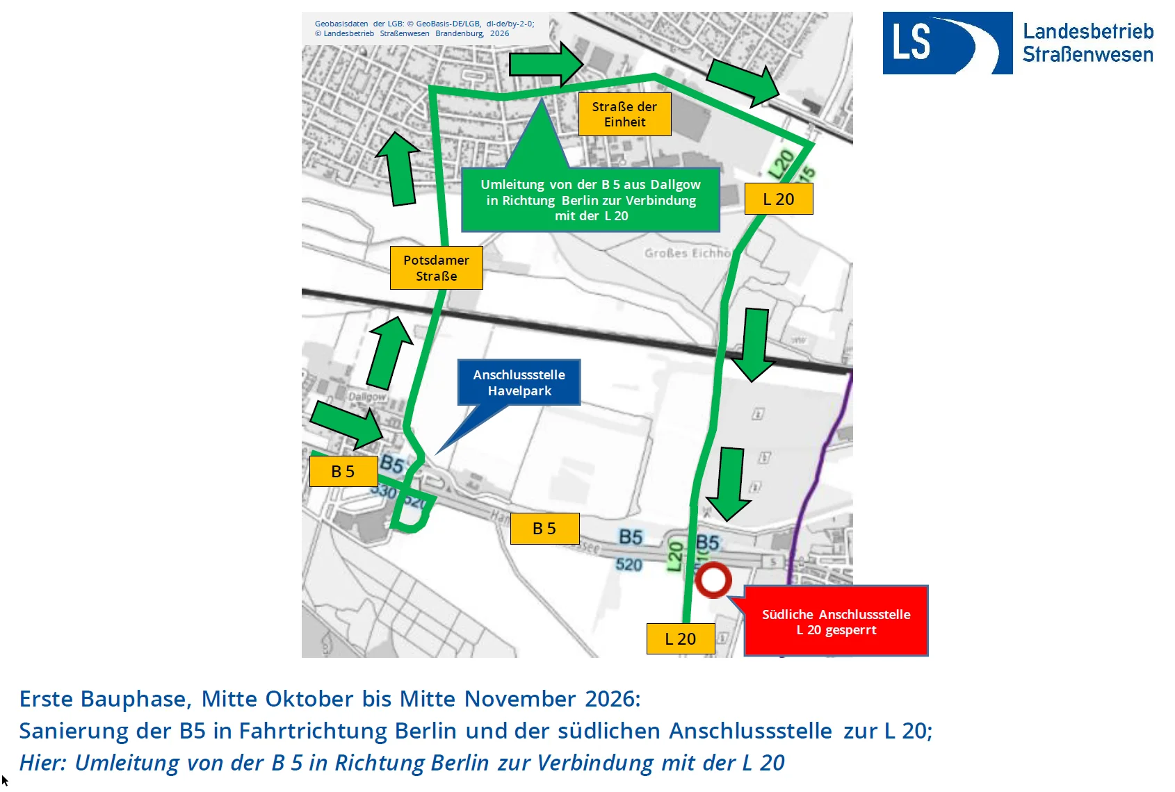 Umleitung von der B5 in Richtung Berlin zur Verbindung L20