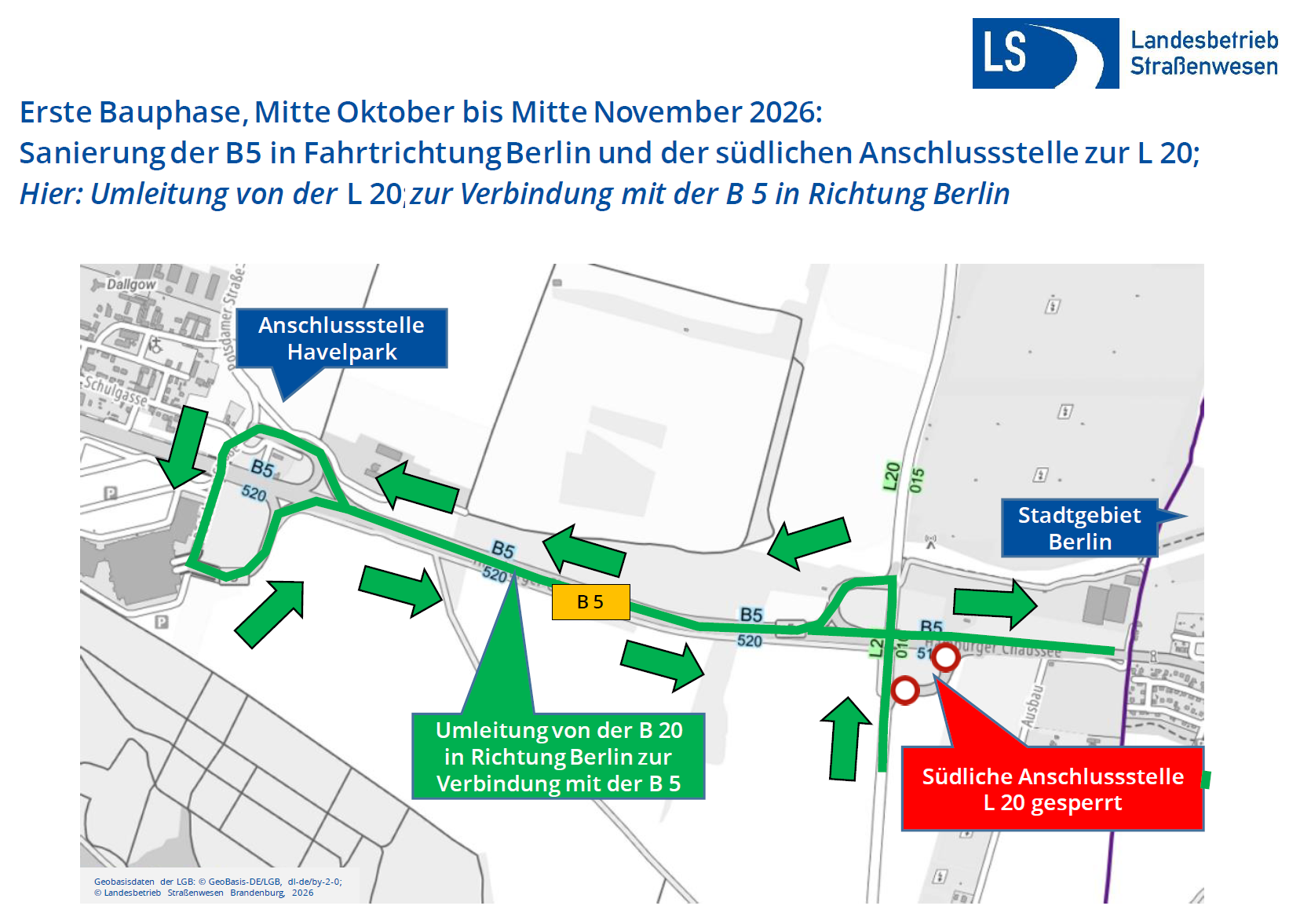 Umleitung von der L20 zur Verbindung mit der B5 in Richtung Berlin