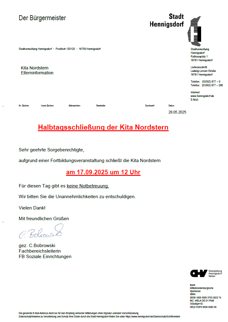 Halbtagsschließung