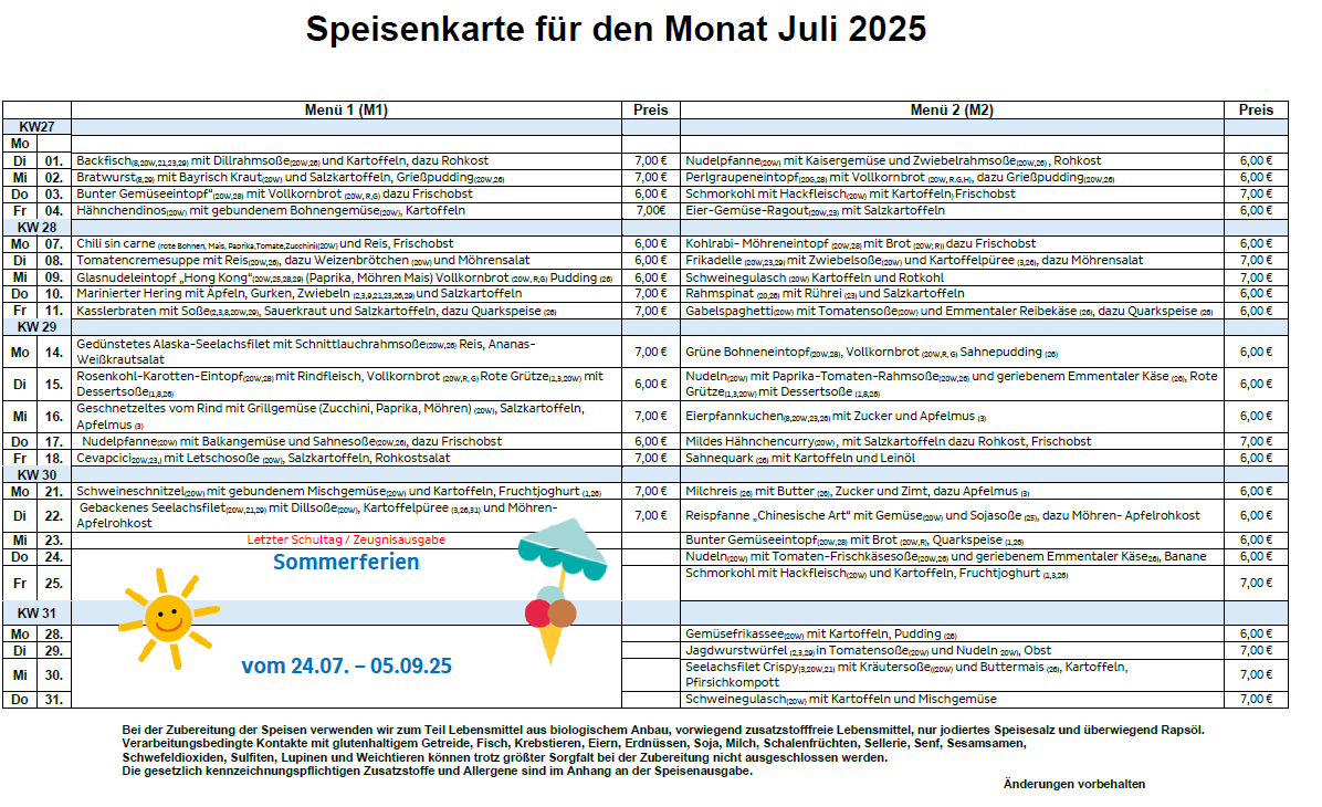 Speiseplan Monat Juli