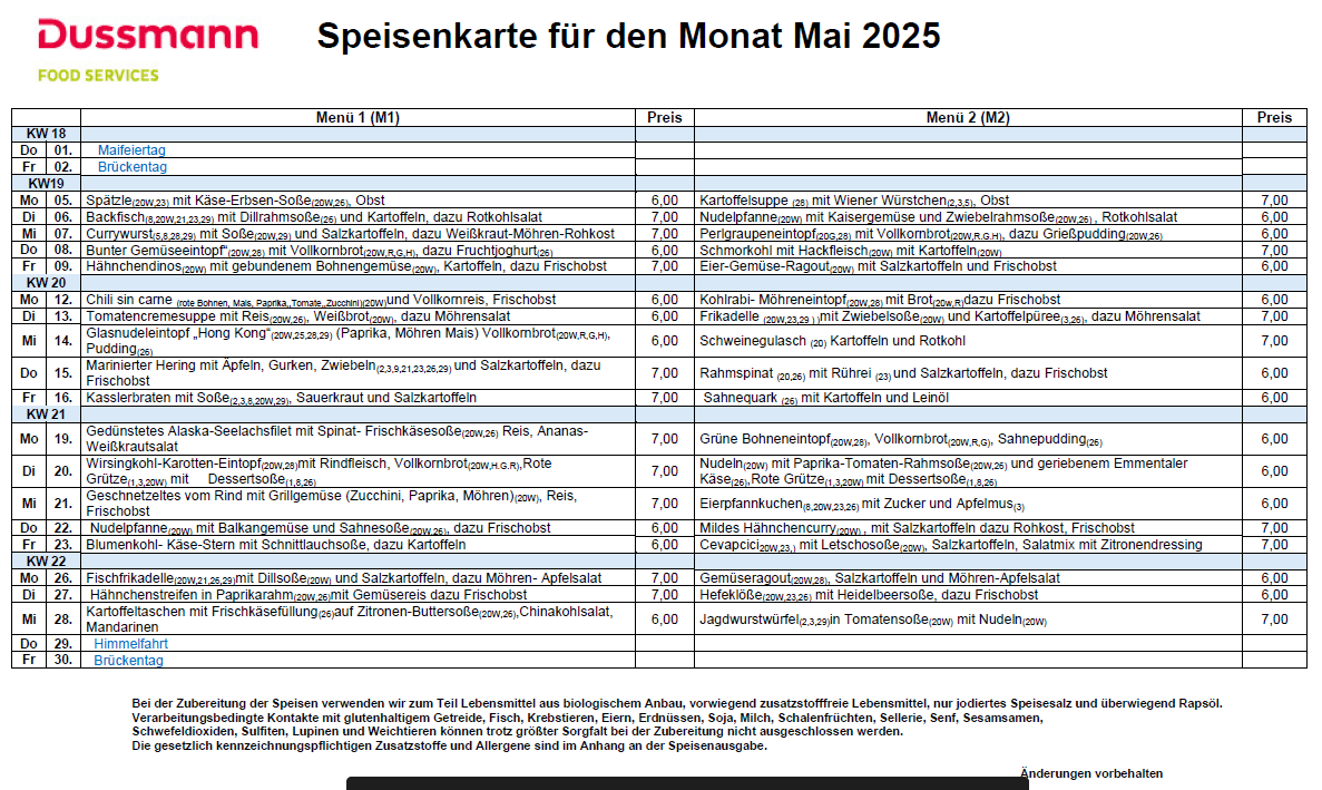 Speiseplan Monat Mai