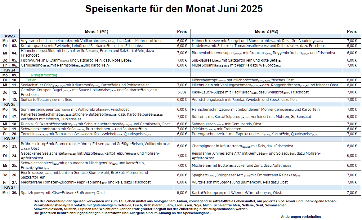 Speiseplan Monat Juni