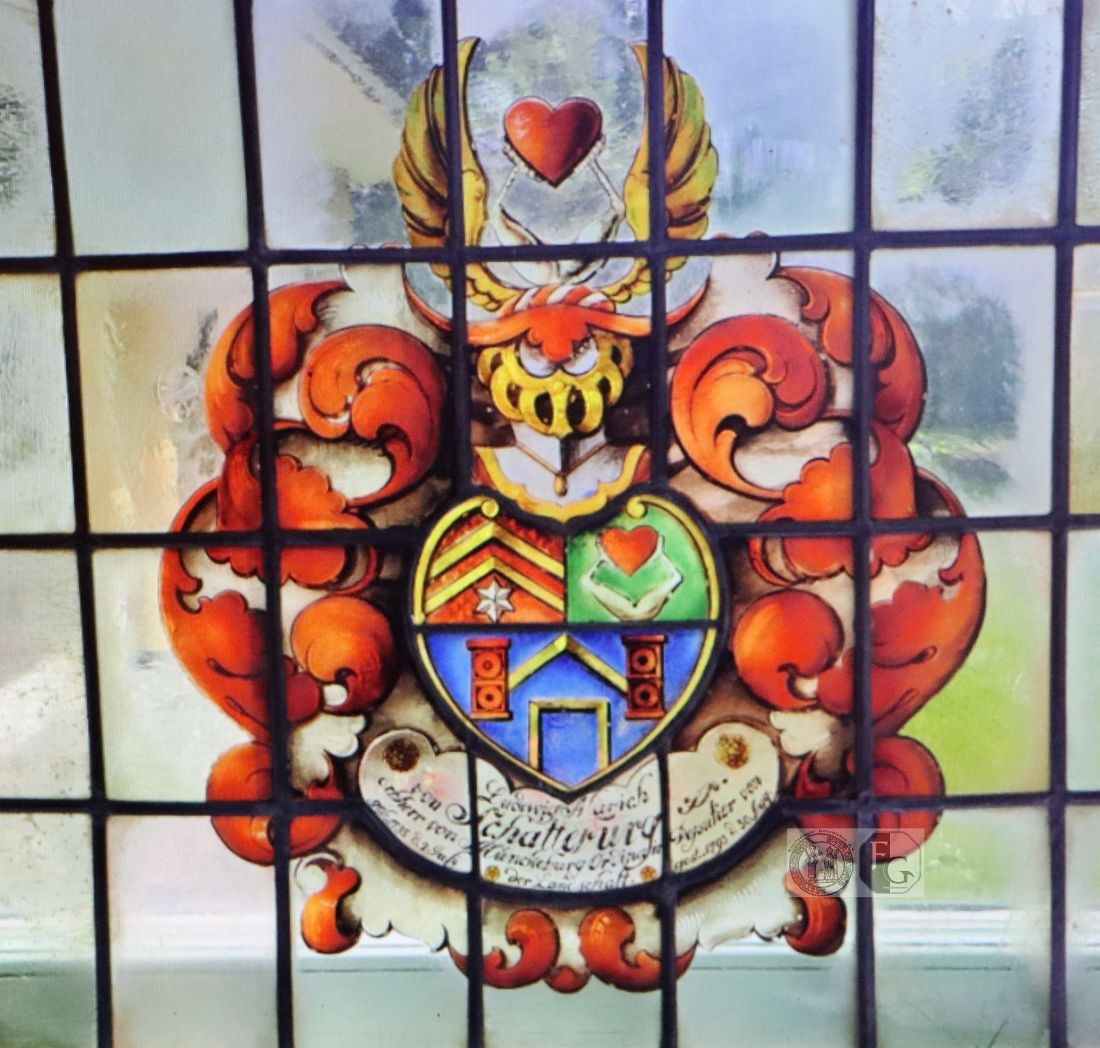 Historische Fensterbierscheibe, welches mit dem Wappen der Familie von Schatteburg bemalt wurde
