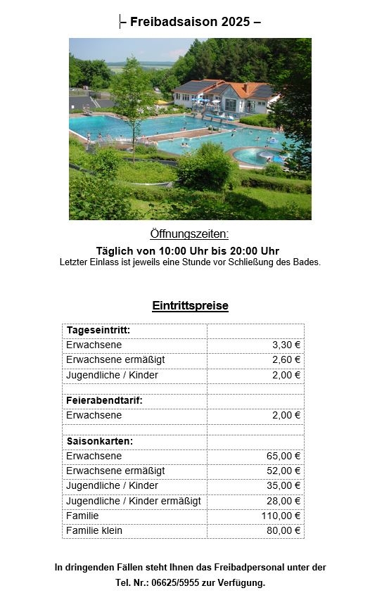 Plakat Freizeit- und Erlebnisbad Kirchheim - Eintrittspreise