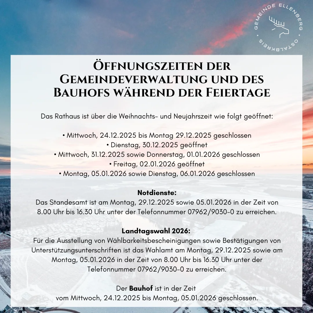 Öffnungszeiten während der Feiertage