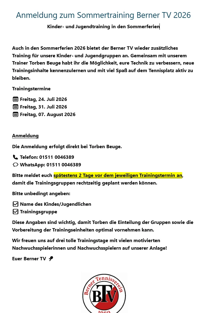 Anmeldung Sommertraining