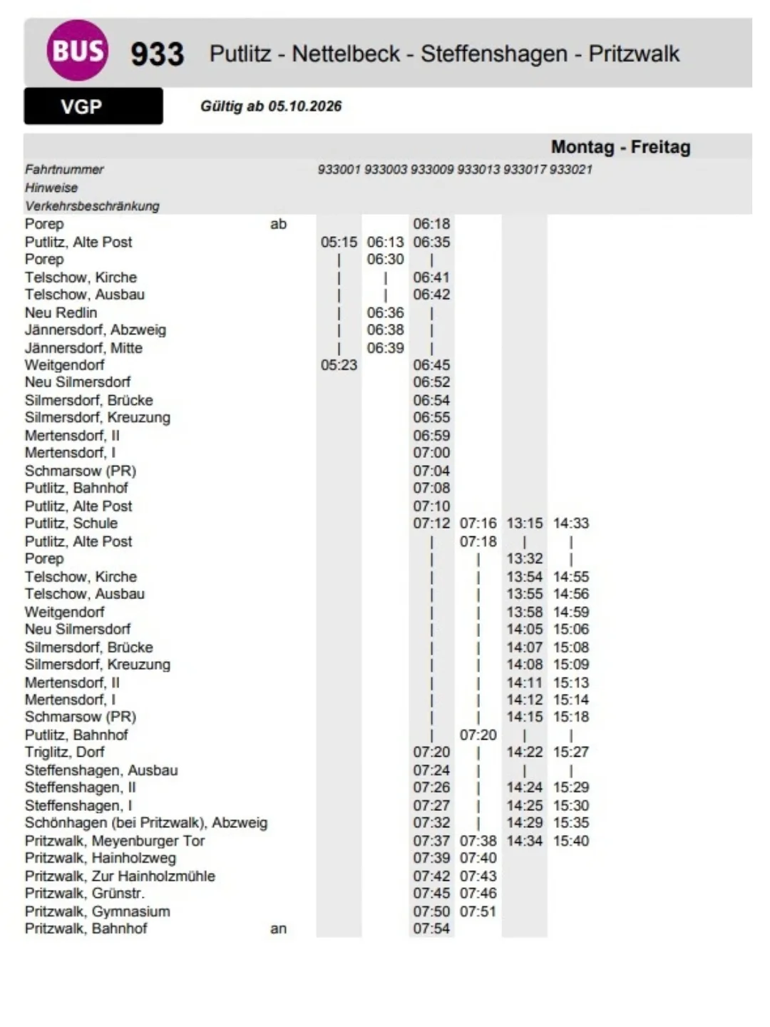 VGP Fahrplan morgens