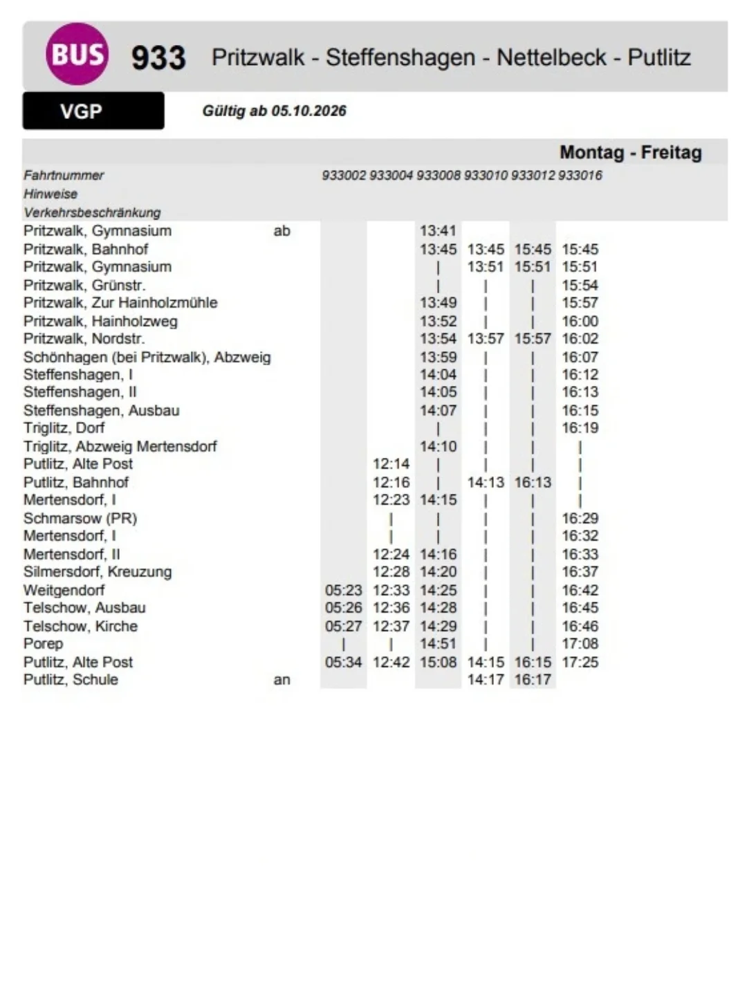 VGP Fahrplan nachmittags