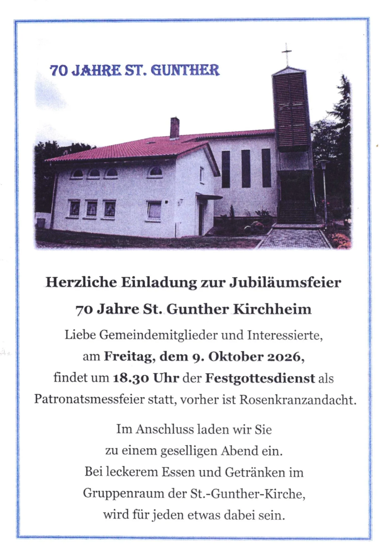 Flyer Einladung zur Jubiläumsfeier - 70 Jahre St. Gunther Kirchheim