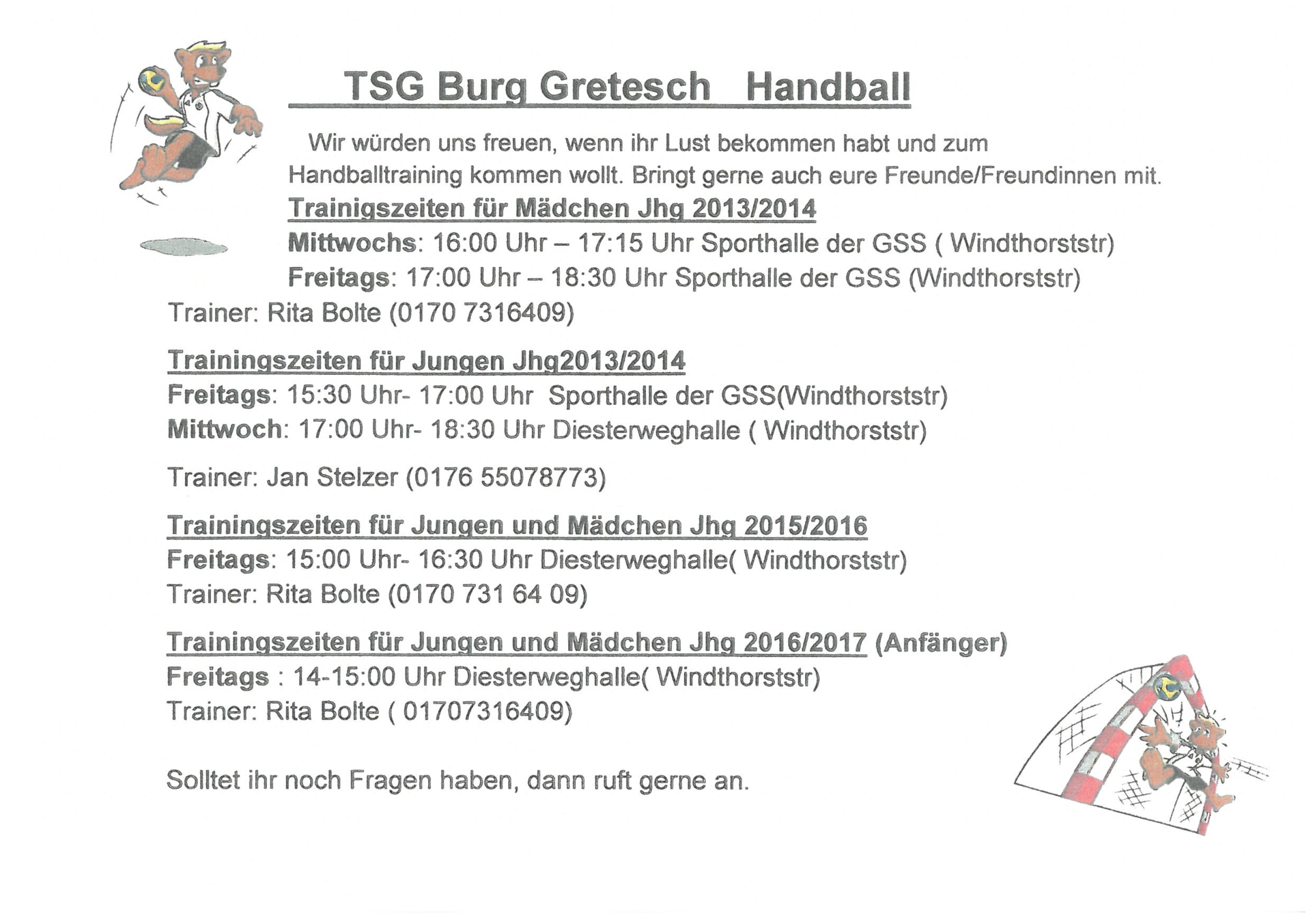 Trainingszeiten TSG Burg Gretesch