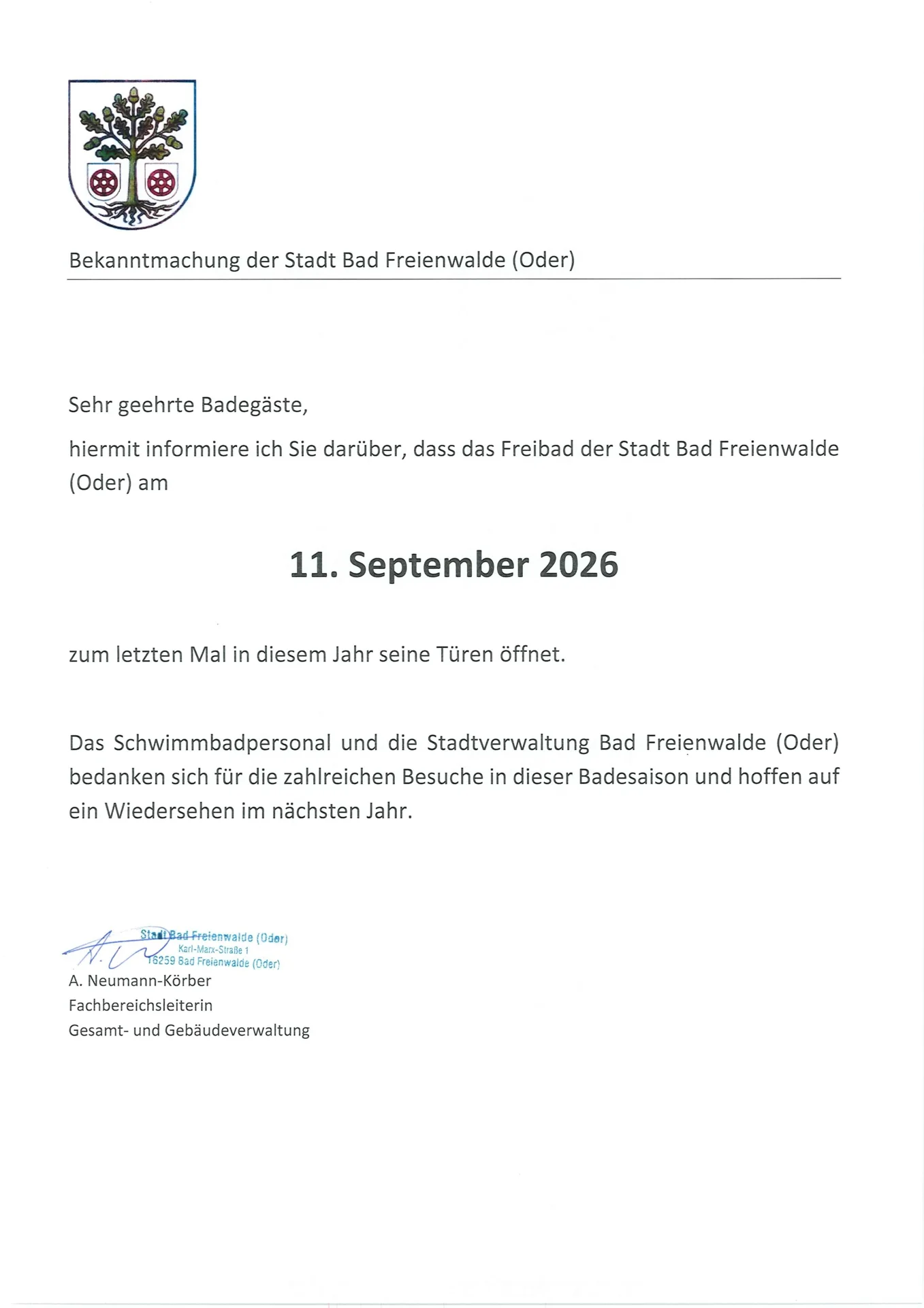 Freibad Bad Freienwalde (Oder) – Saisonende 2026