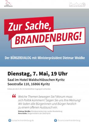 Vorschaubild zur Meldung: „Zur Sache, Brandenburg!“: Woidke  lädt  am  7.  Mai  zum  Bürgerdialog nach Kyritz ein / Zuvor „Kabinett vor Ort“ in  Neuruppin