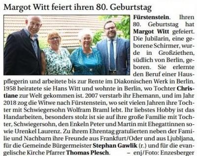 Margot Witt feiert ihren 80. Geburtstag