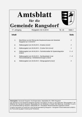 © Gemeinde Rangsdorf - Titelseite des Amtsblattes der Gemeinde Rangsdorf vom 02.10.2019 (Bild vergrößern)