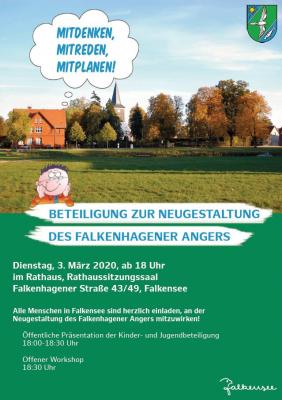 Unser Bild zeigt das Plakat zum offenen Workshop zur Neugestaltung des Falkenhagener Angers.