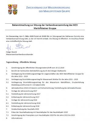 Sitzung der Verbandsversammlung des WZV Marloffsteiner Gruppe am 5. März 2020
